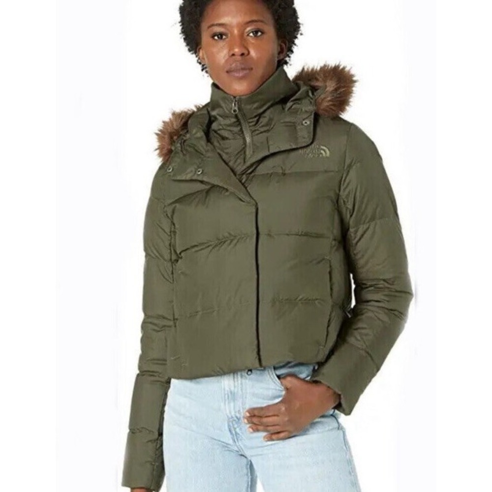 The North Face Dealio Down Puffer Jacket Olive Crop Detachable Faux Fur Womens L